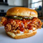 Close-up of a Crispy Chicken Sandwich with Spicy Honey Sauce, pickles, and mayo on a brioche bun.