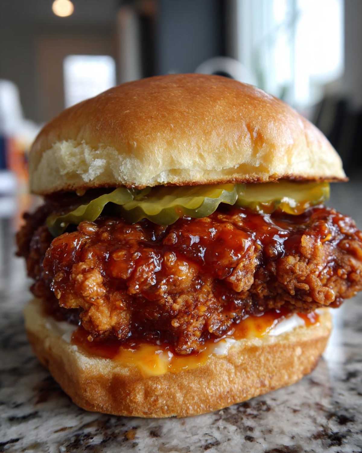 A close-up of a Crispy Chicken Sandwich with Spicy Honey Sauce, pickles, and a brioche bun.