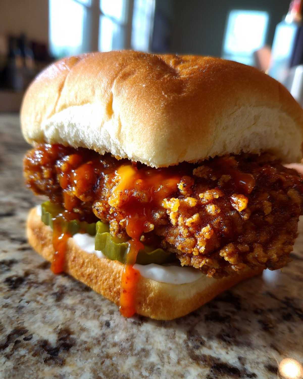 A close-up of a Crispy Chicken Sandwich with Spicy Honey Sauce, pickles, and a brioche bun.