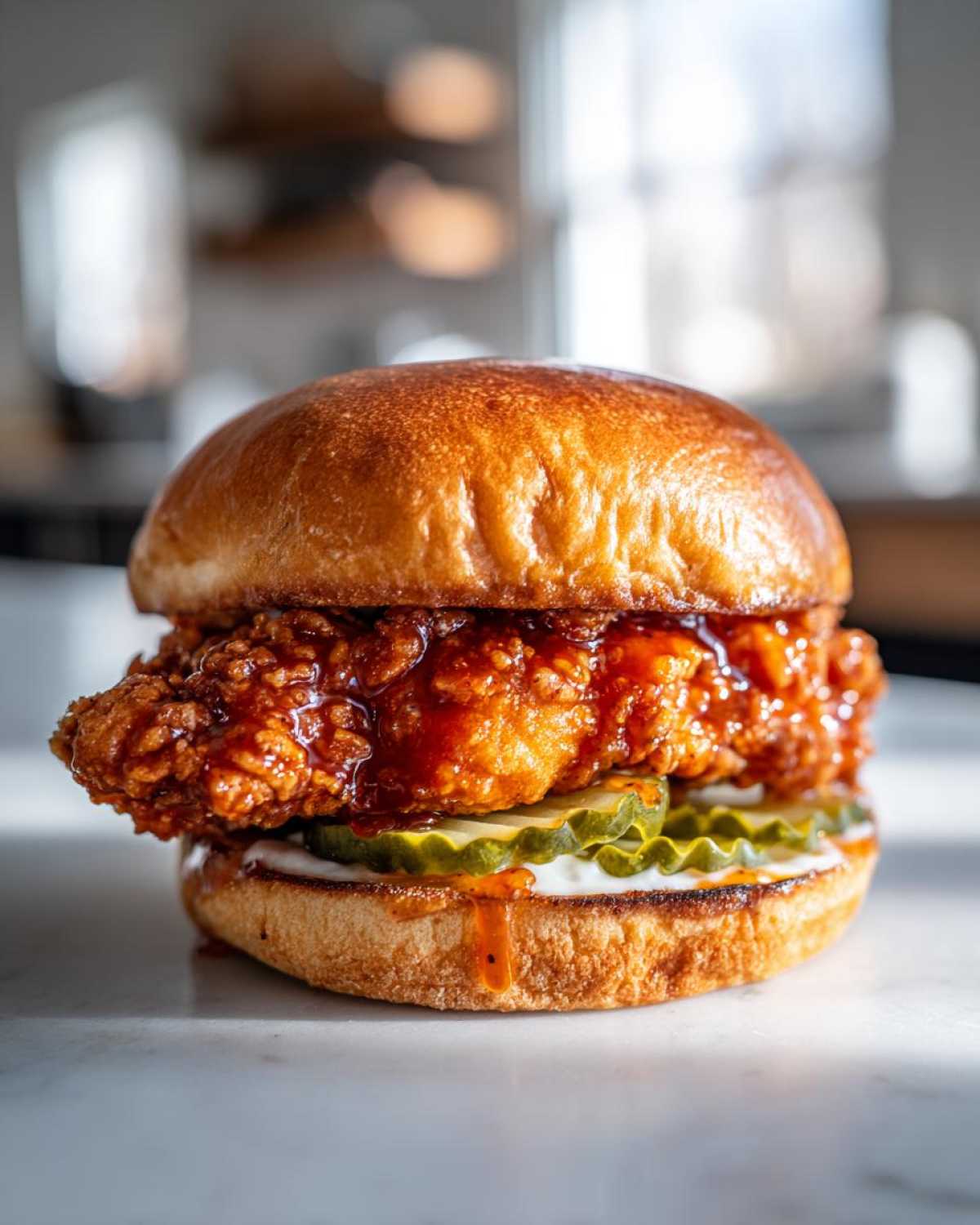 A close-up of a Crispy Chicken Sandwich with Spicy Honey Sauce, pickles, and brioche bun.