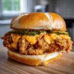 Close-up of a Crispy Chicken Sandwich with Spicy Mayo, pickles, and a brioche bun on a wooden board.
