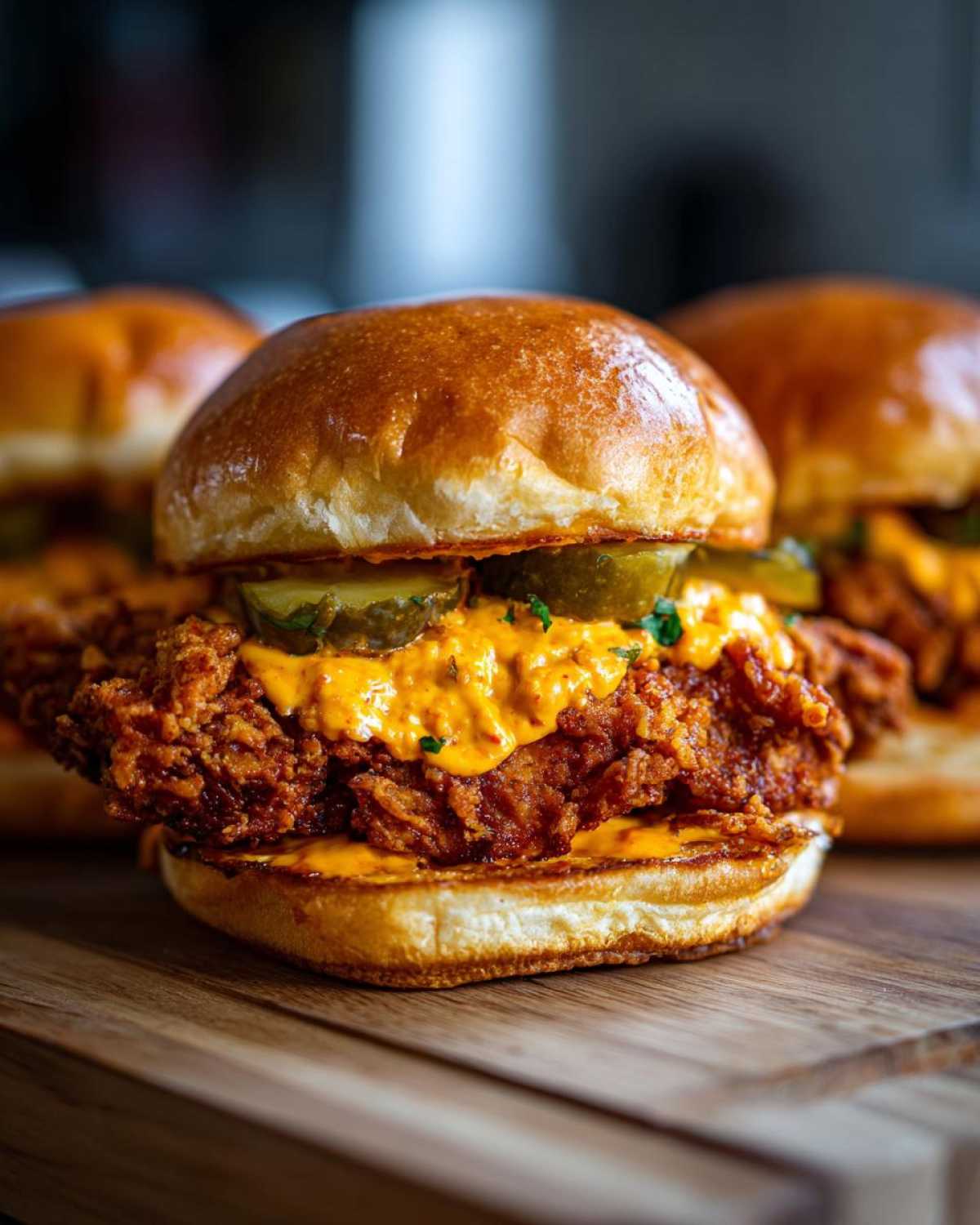 A close-up of a Crispy Chicken Sandwich with Spicy Mayo, pickles, and a toasted brioche bun.