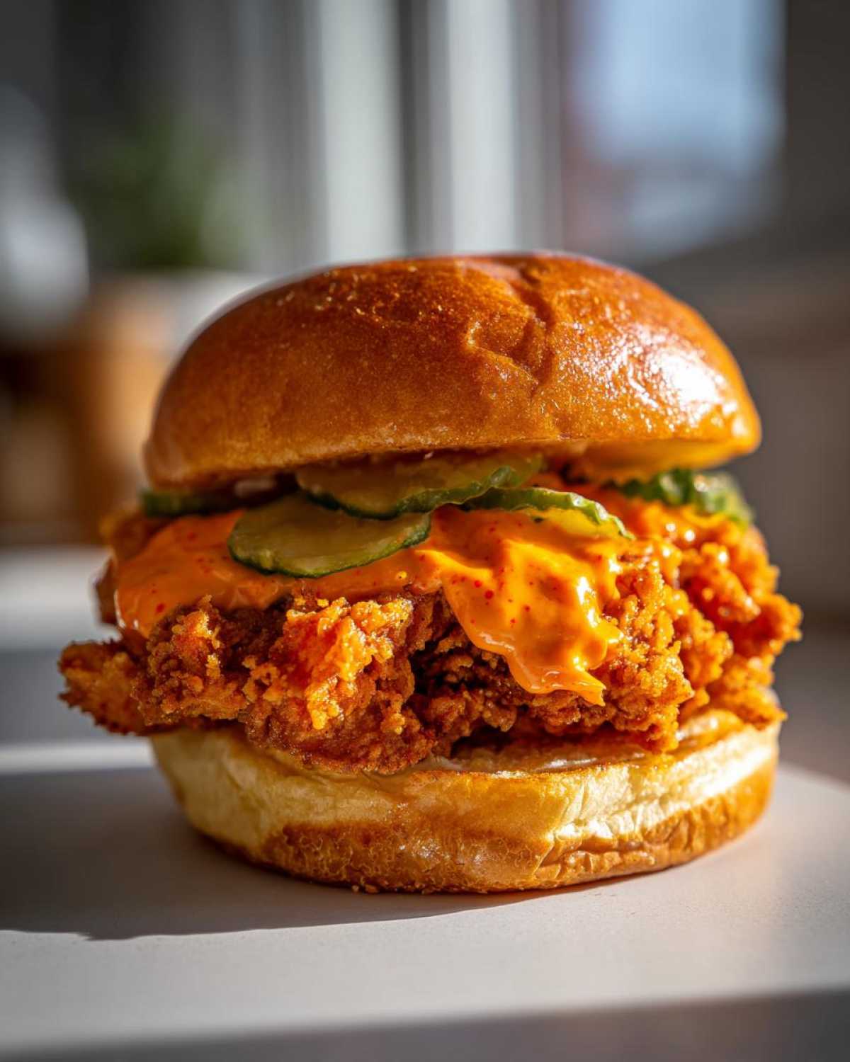 A close-up, appetizing shot of a Crispy Chicken Sandwich with Spicy Mayo, topped with pickles on a brioche bun.