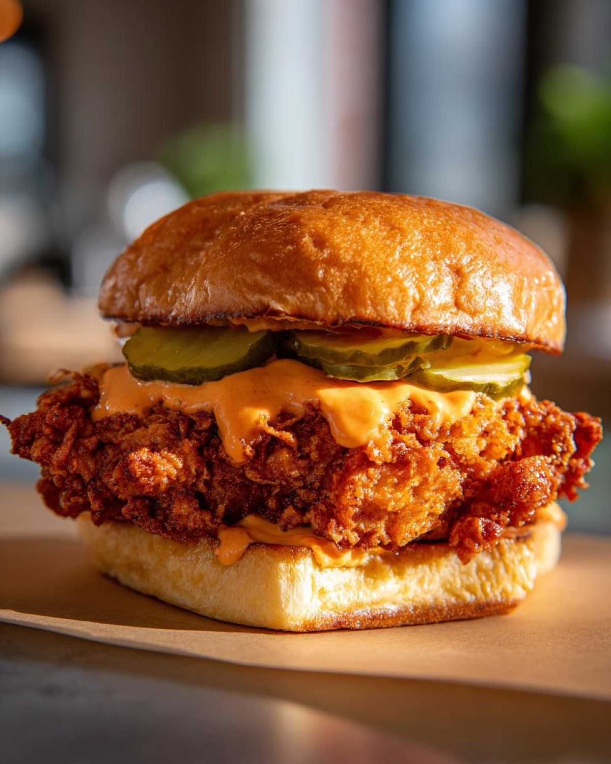 A close-up of a Crispy Chicken Sandwich with Spicy Mayo, topped with pickles on a brioche bun.