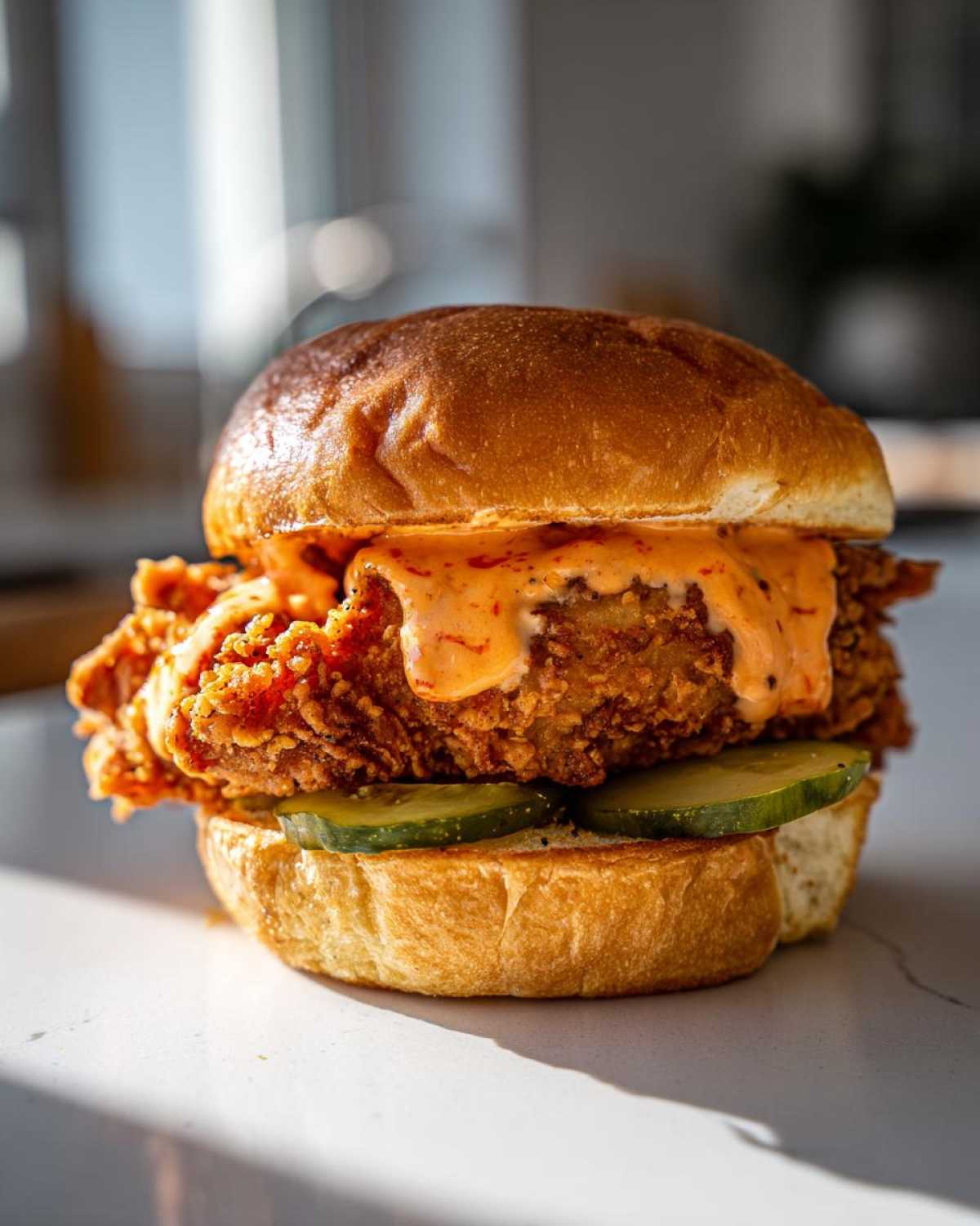 A perfectly assembled Crispy Chicken Sandwich with Spicy Mayo dripping over the fried chicken fillet and pickles.