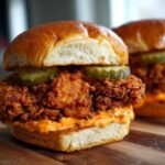 A close-up of a Crispy Chicken Sandwich with Spicy Mayo, featuring a thick fried chicken patty, pickles, and a brioche bun.