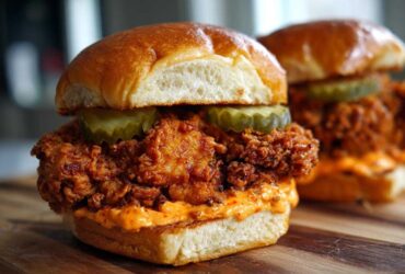 A close-up of a Crispy Chicken Sandwich with Spicy Mayo, featuring a thick fried chicken patty, pickles, and a brioche bun.