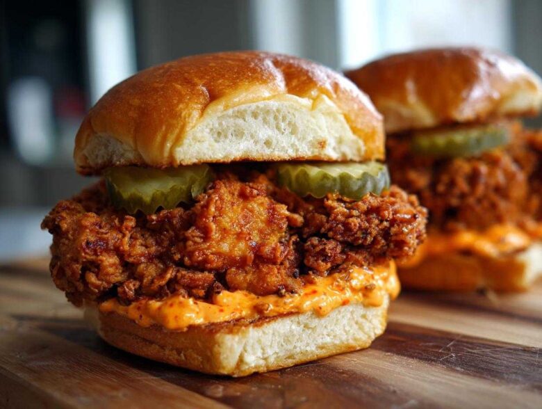 A close-up of a Crispy Chicken Sandwich with Spicy Mayo, featuring a thick fried chicken patty, pickles, and a brioche bun.