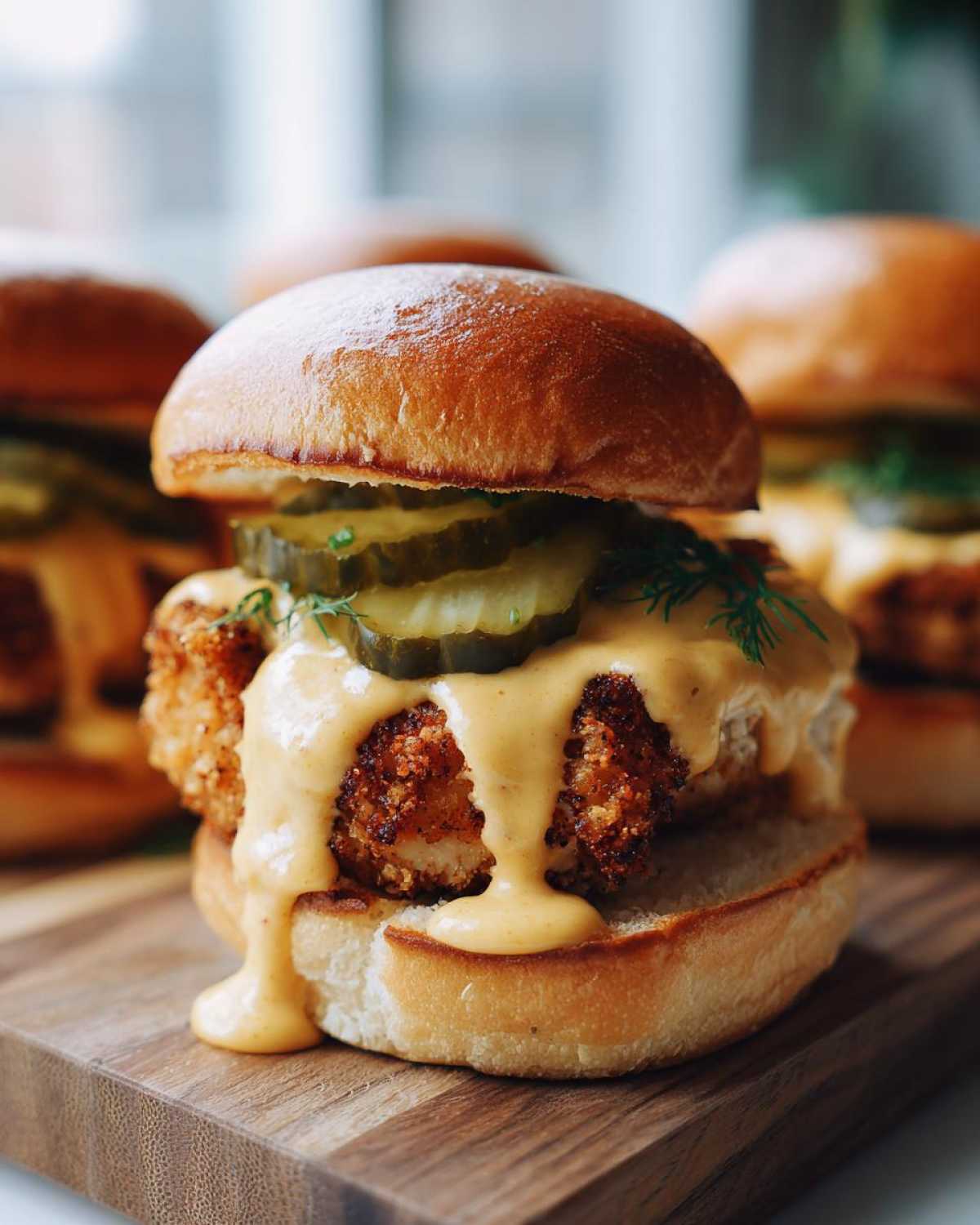 A close-up of one of the Crispy Chicken Sliders with Honey Mustard, topped with pickles and dripping sauce.