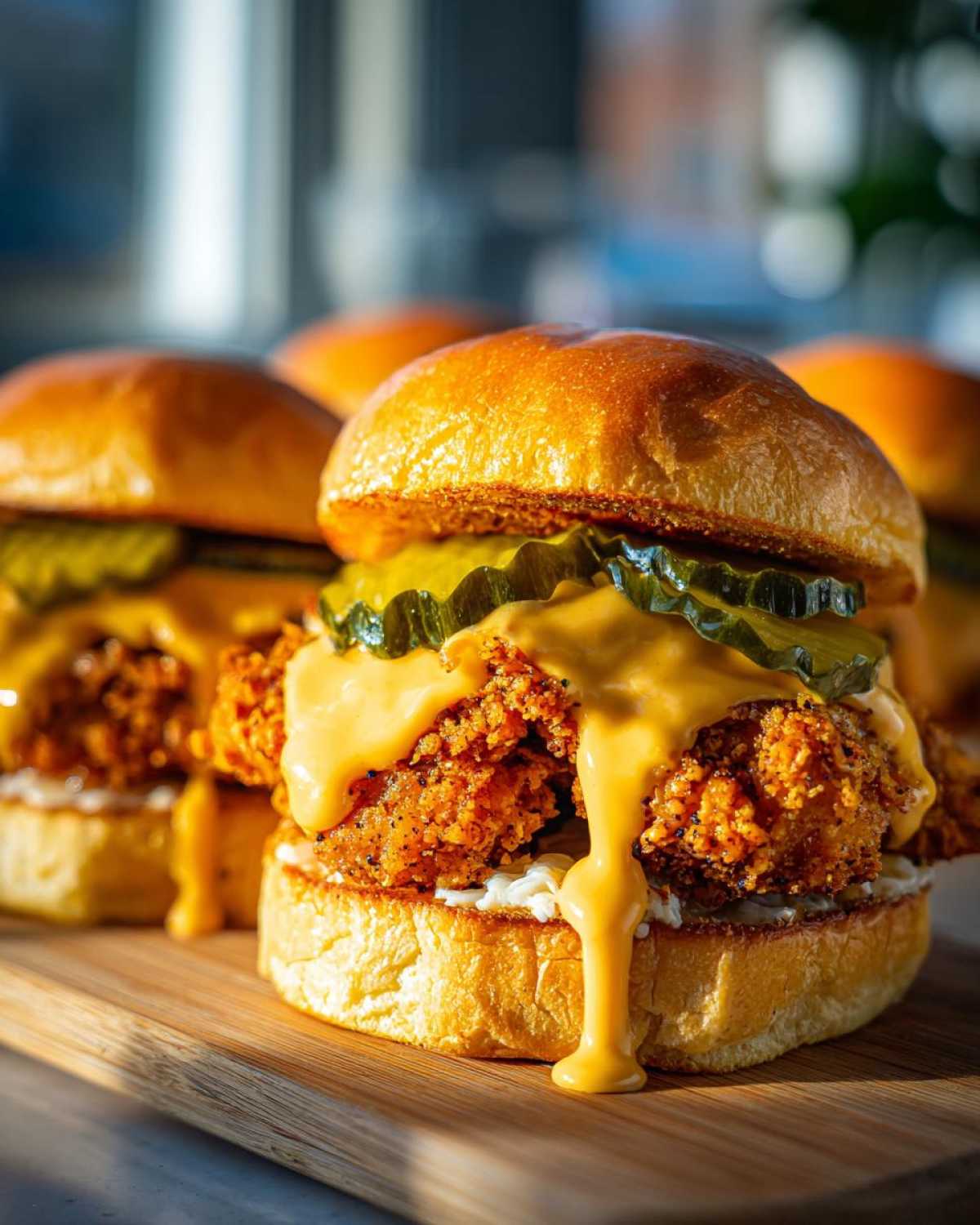 Close-up of a delicious Crispy Chicken Sliders with Honey Mustard, featuring melted cheese dripping over fried chicken and pickles on brioche buns.