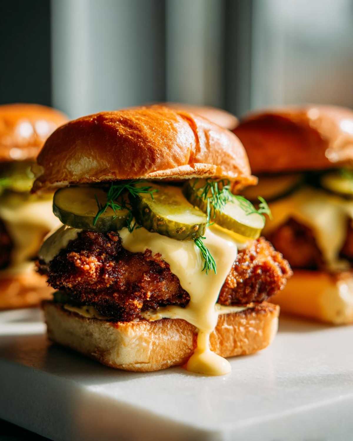 A close-up of a Crispy Chicken Slider topped with pickles and dripping honey mustard sauce on a brioche bun.