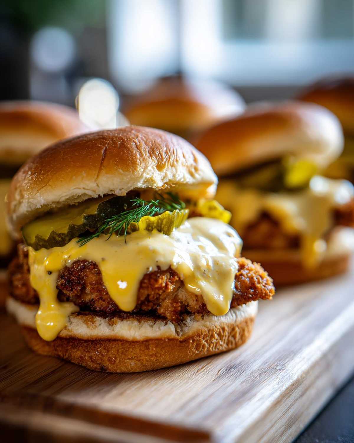 A close-up of one of the Crispy Chicken Sliders with Honey Mustard, topped with melted cheese and pickles.