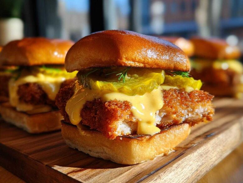 A close-up of a Crispy Chicken Slider featuring a golden fried patty, melted cheese sauce, and pickles on a brioche bun.