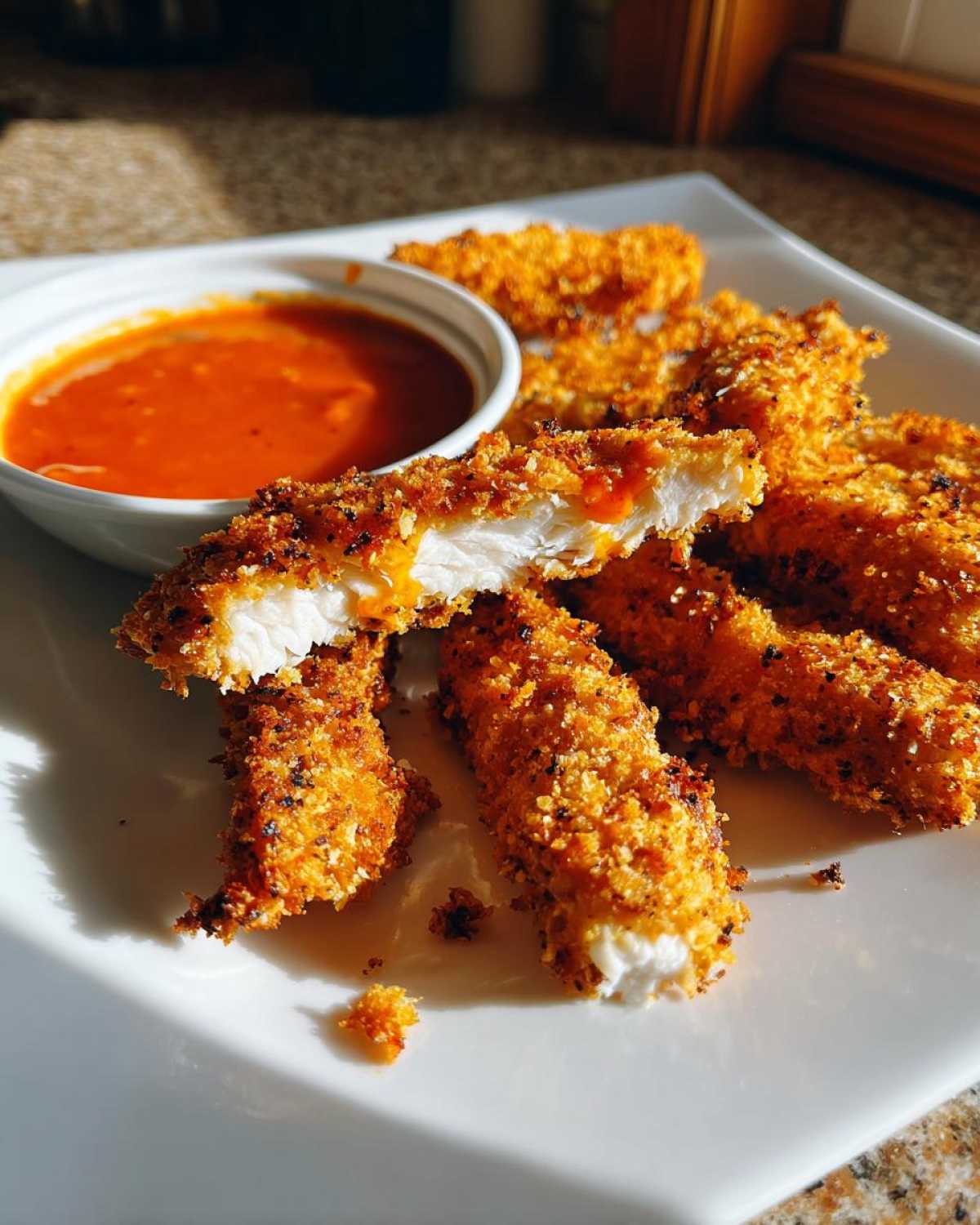 Close-up of golden brown Crispy Chicken Strips with Spicy Dip, one strip cut open showing white meat.