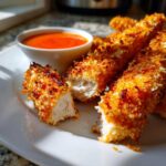 Close-up of golden brown Crispy Chicken Strips with Spicy Dip, one strip broken open showing juicy white meat.