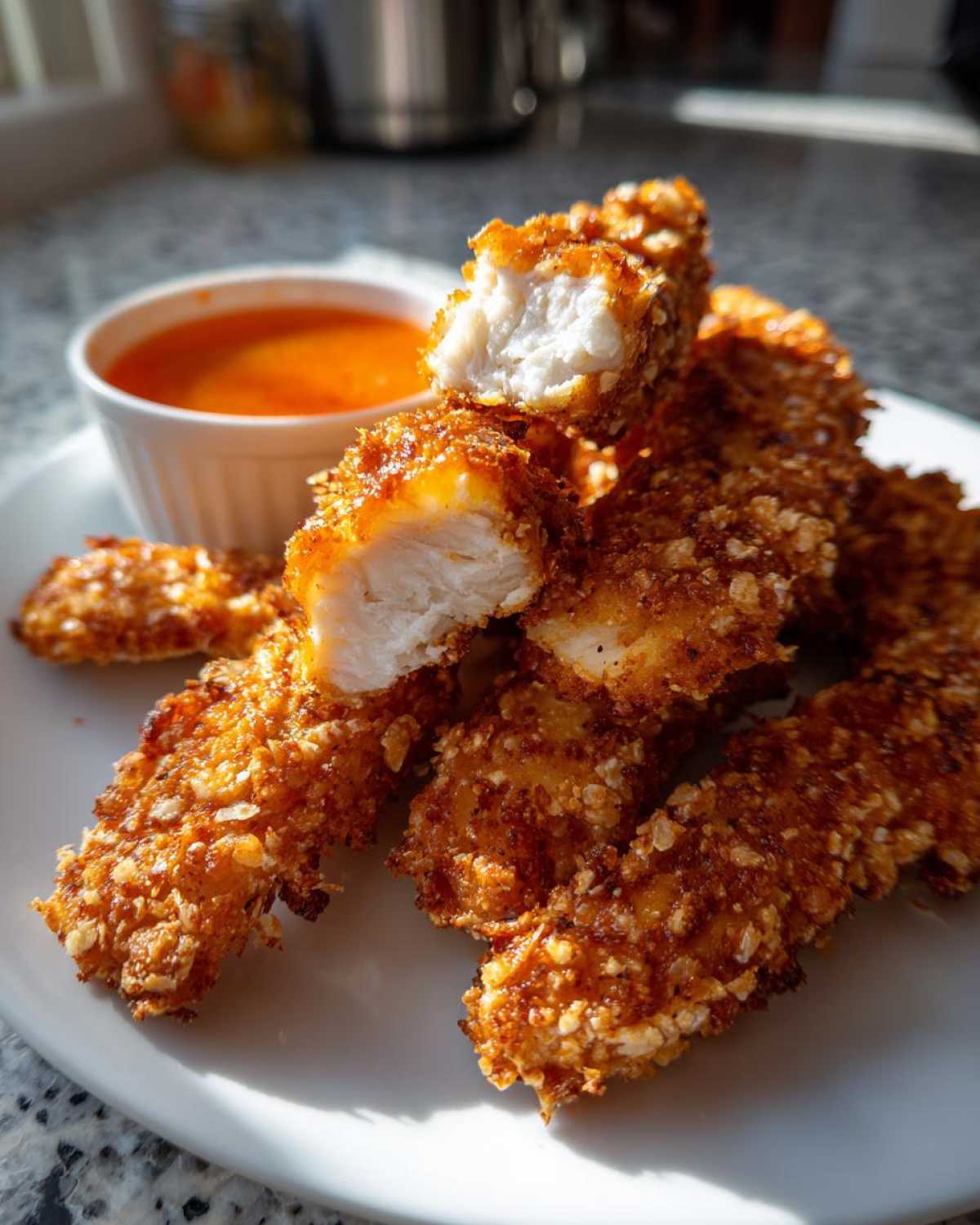 A pile of golden brown Crispy Chicken Strips with Spicy Dip, one strip broken open to show juicy white meat.