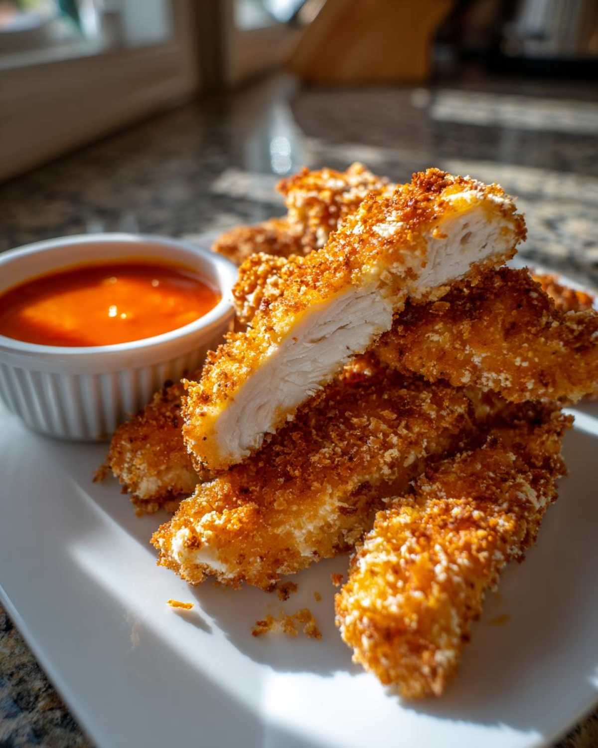 A stack of golden brown Crispy Chicken Strips with Spicy Dip, one piece cut open showing the white meat inside.