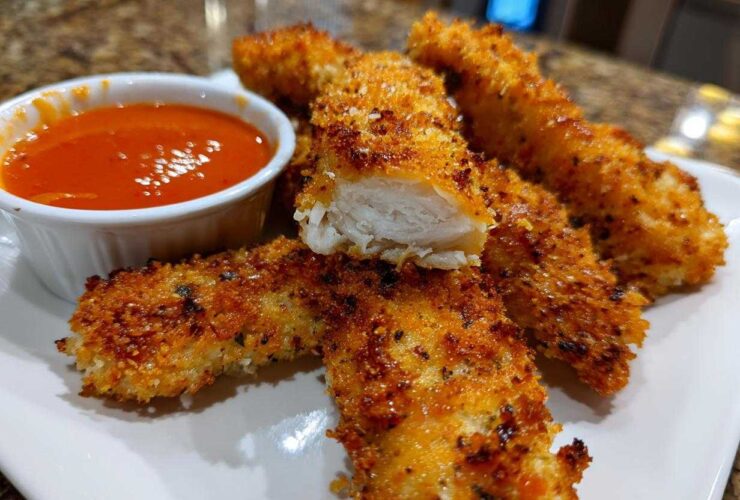 Golden brown, crispy chicken strips served with a small bowl of bright orange spicy dip.