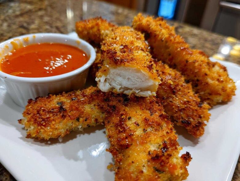 Golden brown, crispy chicken strips served with a small bowl of bright orange spicy dip.