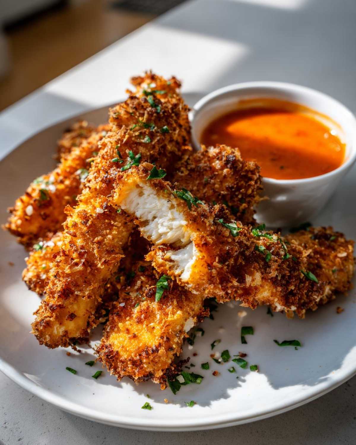 Golden brown, extra crispy chicken strips served with a side of bright orange spicy dip.