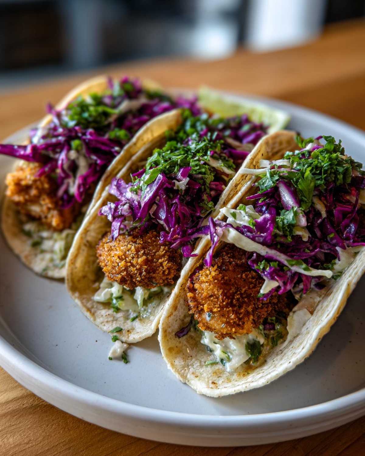 Three Crispy Chicken Tacos loaded with creamy slaw, purple cabbage, and cilantro.