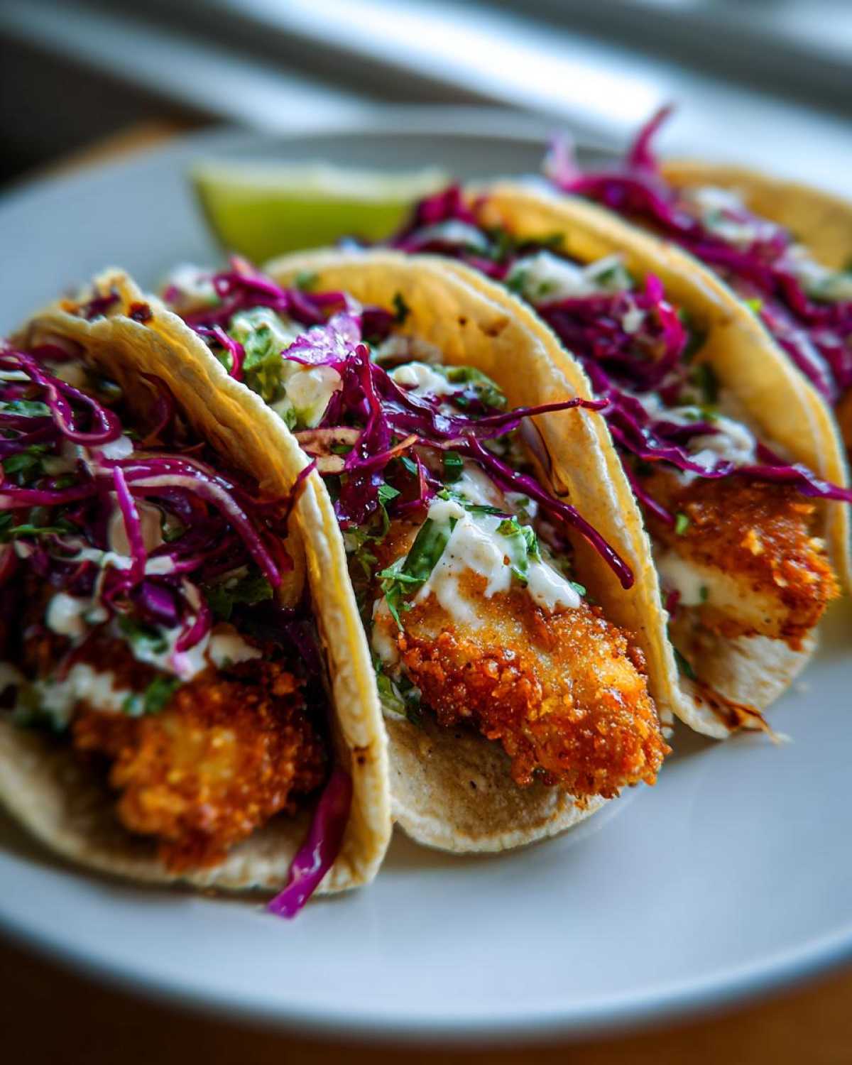 Close-up of three Crispy Chicken Tacos topped with creamy slaw, red cabbage, and a lime wedge.