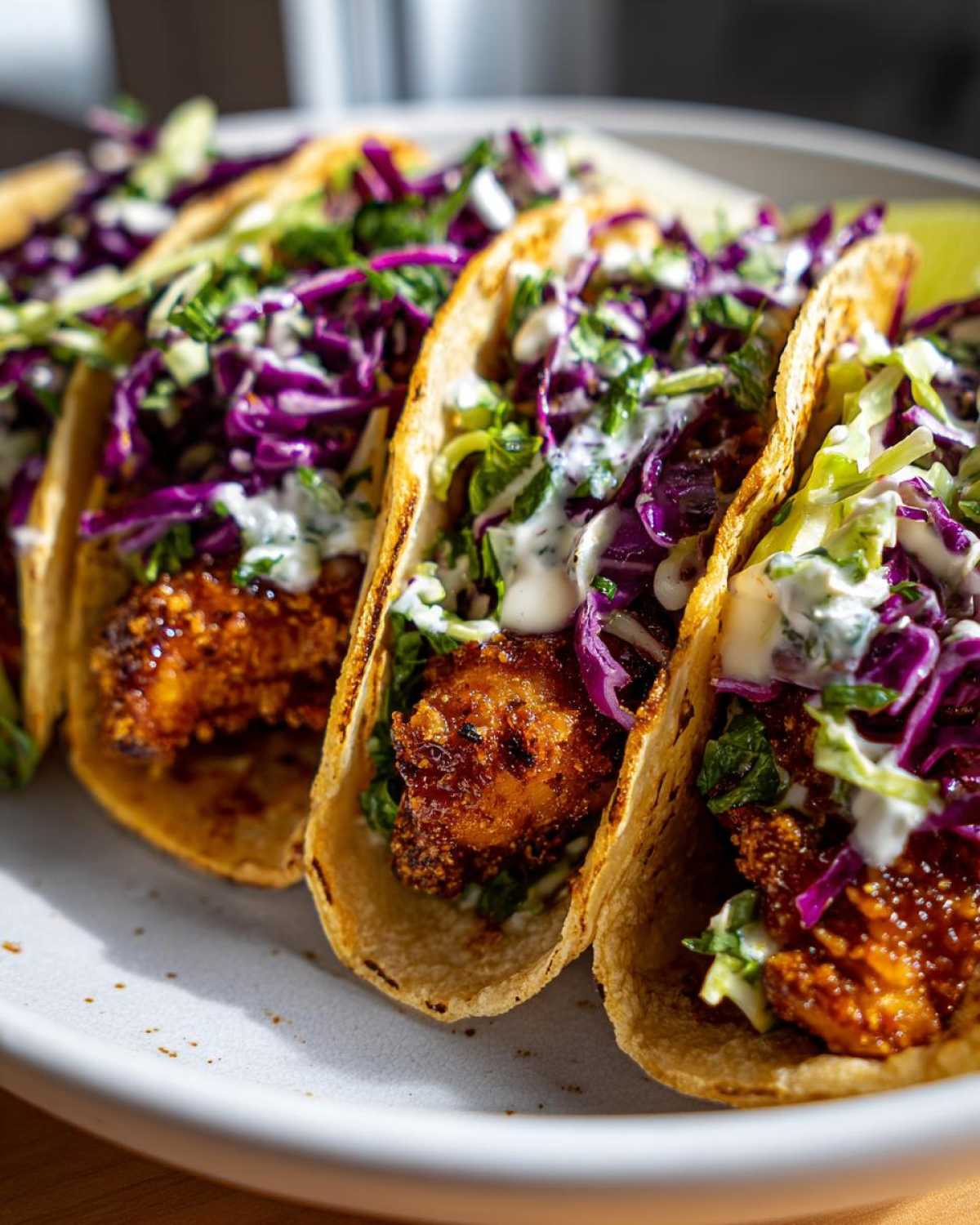 A row of Crispy Chicken Tacos filled with golden fried chicken, vibrant red cabbage slaw, and drizzled with creamy white sauce.