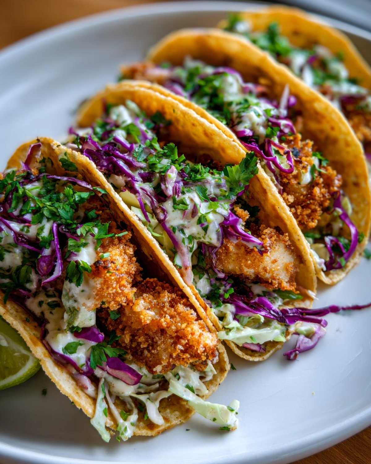 Three Crispy Chicken Tacos filled with crunchy chicken, purple cabbage, and creamy slaw, served on a white plate.
