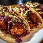 Three Crispy Chicken Tacos filled with crunchy fried chicken, vibrant purple and green slaw, served on a white plate.