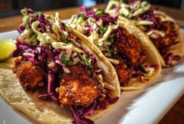 Three Crispy Chicken Tacos filled with crunchy fried chicken, vibrant purple and green slaw, served on a white plate.