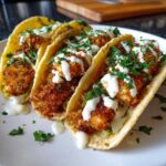 Three crispy chicken tacos filled with crunchy chicken, drizzled with garlic lime sauce and topped with fresh cilantro.
