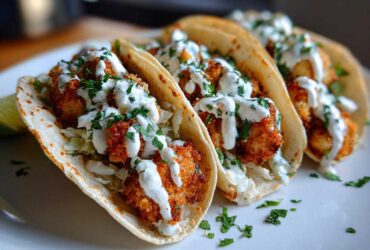 Close-up of three Crispy Chicken Tacos with Garlic Lime Sauce drizzled over fried chicken and cabbage.