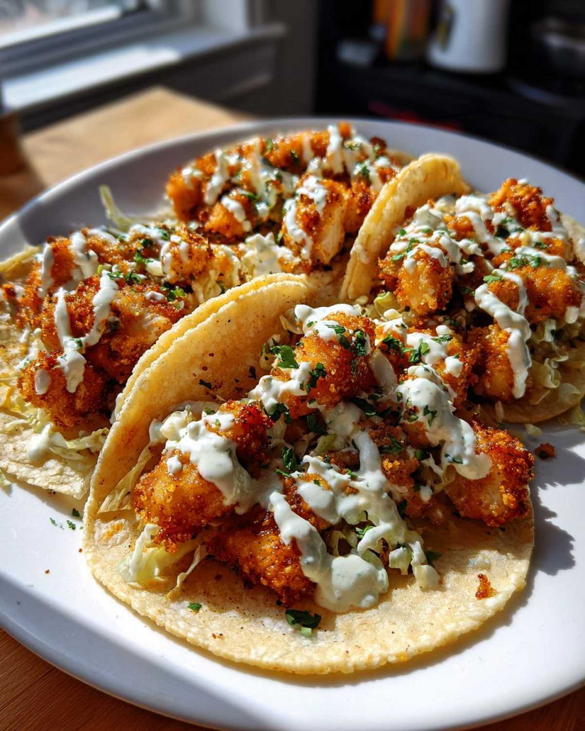Three Crispy Chicken Tacos loaded with shredded lettuce and drizzled generously with a creamy Garlic Lime Sauce.
