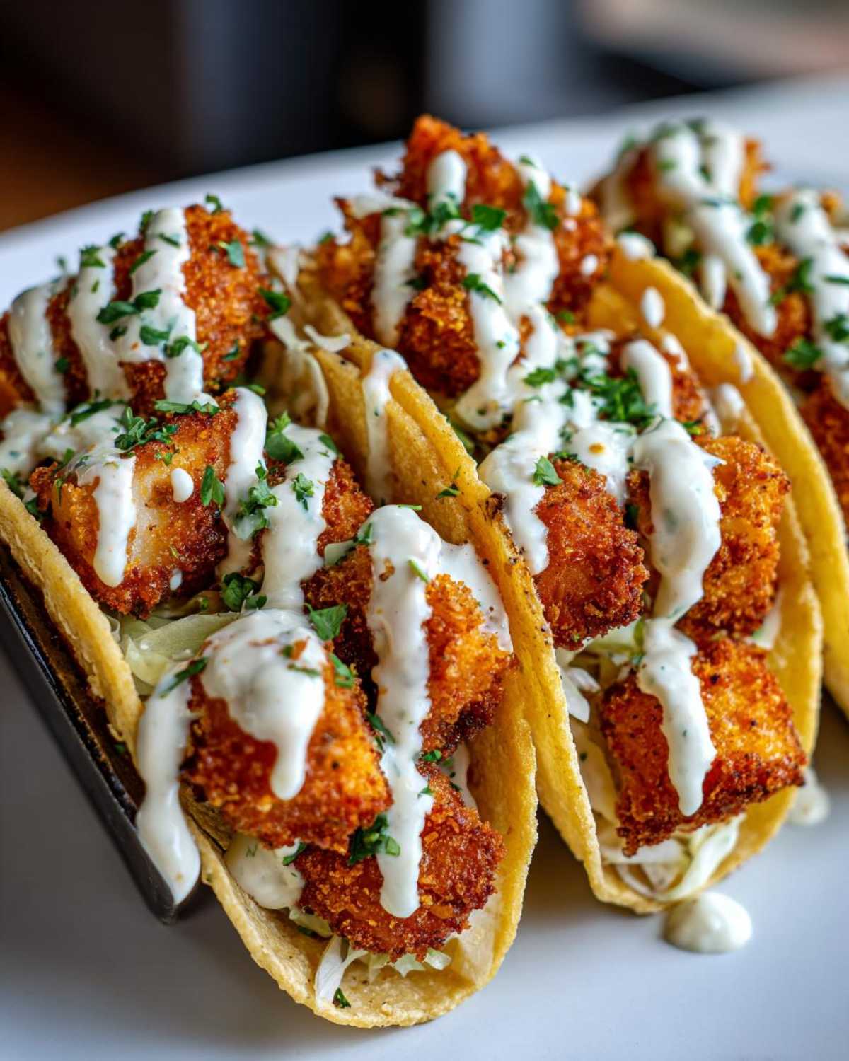 Close-up of three Crispy Chicken Tacos with Garlic Lime Sauce drizzled over fried chicken pieces and shredded lettuce.