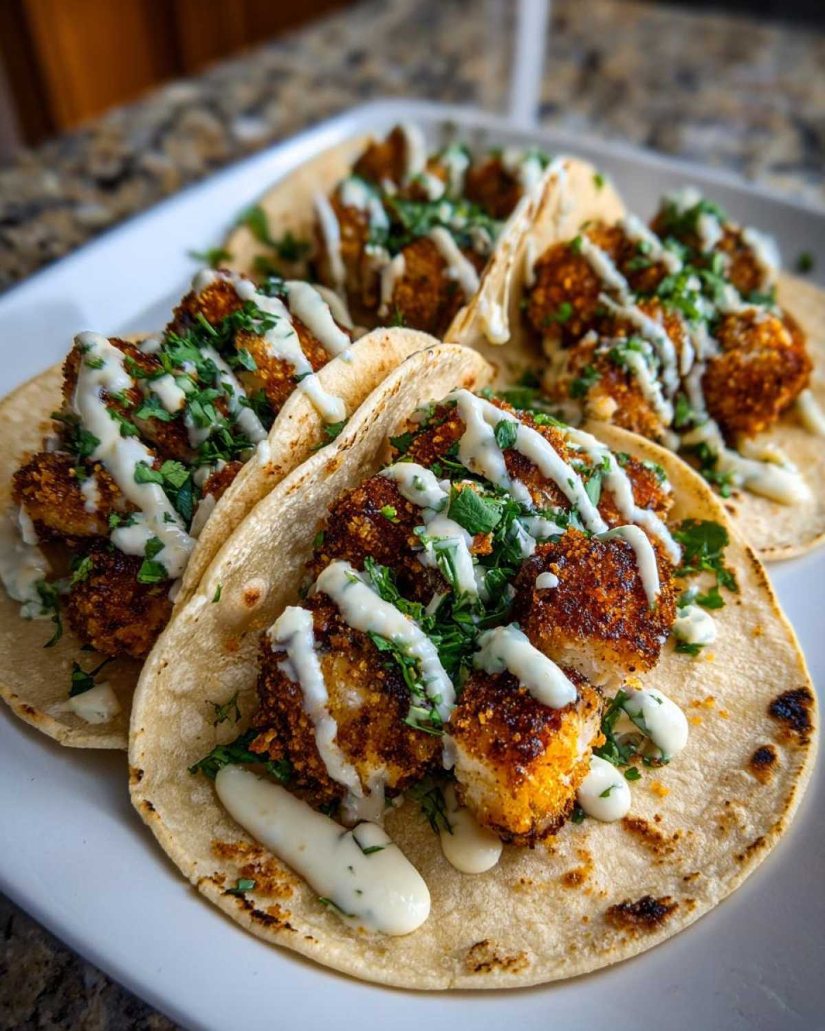 Three Crispy Chicken Tacos topped with cilantro and drizzled with creamy Garlic Lime Sauce on a white plate.