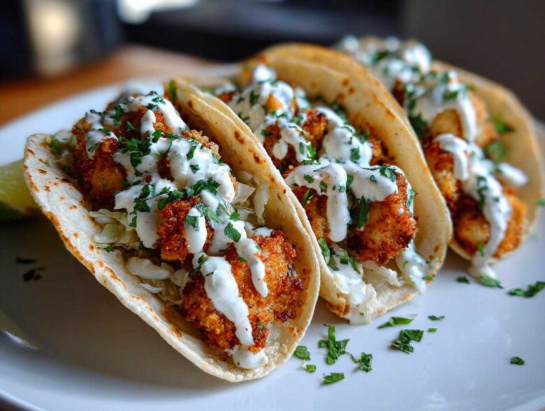 Close-up of three Crispy Chicken Tacos with Garlic Lime Sauce drizzled over fried chicken and cabbage.