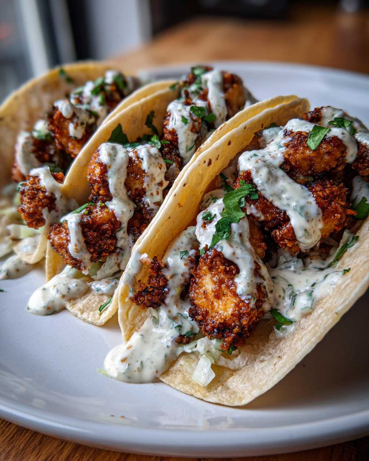 Three Crispy Chicken Tacos generously topped with a creamy Garlic Lime Sauce and fresh cilantro.