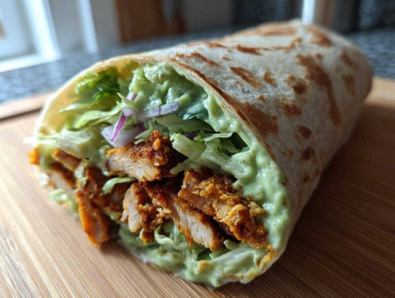 A close-up view of a fully loaded Crispy Chicken Wrap with Creamy Avocado Sauce, showing seasoned chicken pieces, lettuce, and red onion.
