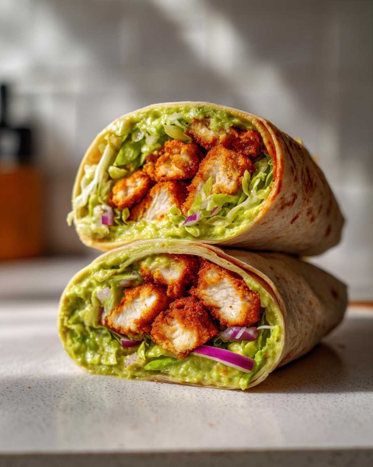 Two halves of a Crispy Chicken Wrap with Creamy Avocado Sauce, showing crispy chicken pieces, lettuce, and red onion.