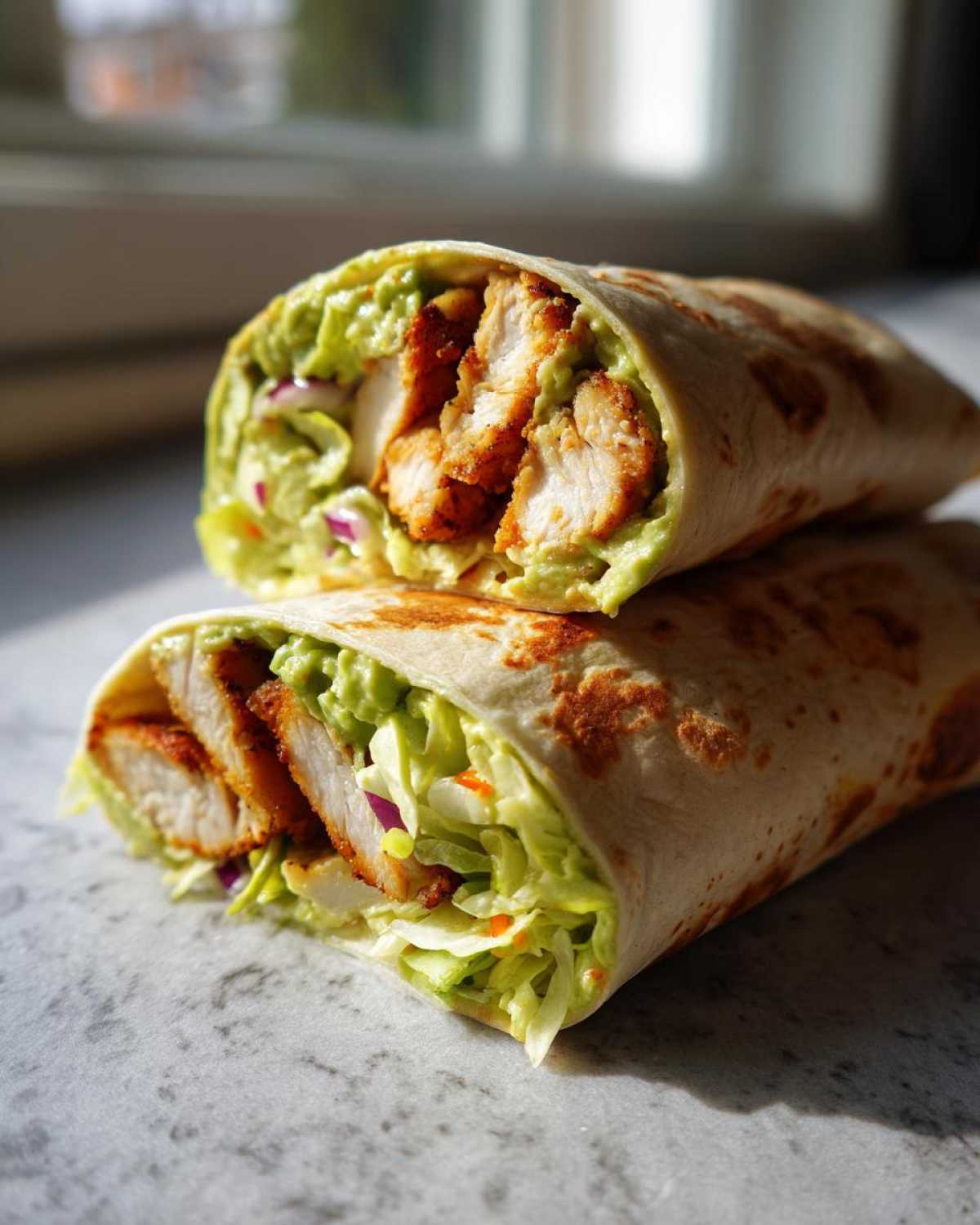 Two halves of a Crispy Chicken Wrap with Creamy Avocado Sauce, showing crispy chicken slices and fresh slaw.