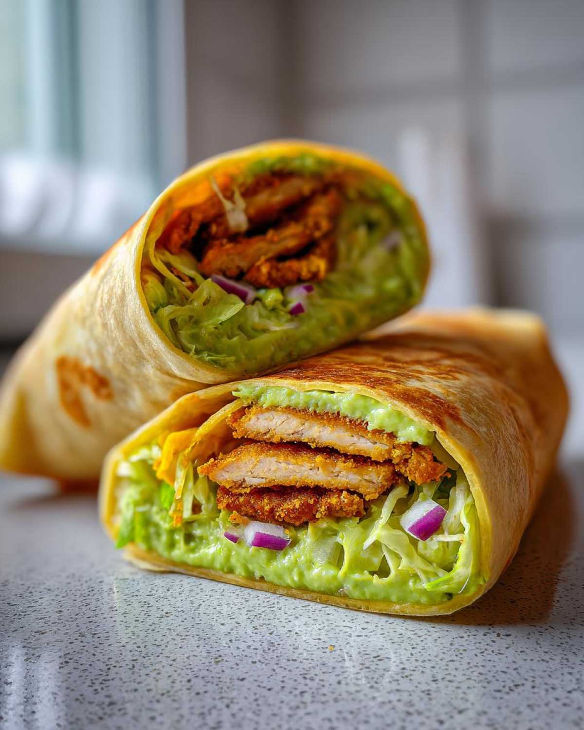 Cross-section of a Crispy Chicken Wrap showing crispy chicken, shredded lettuce, red onion, and creamy avocado sauce.