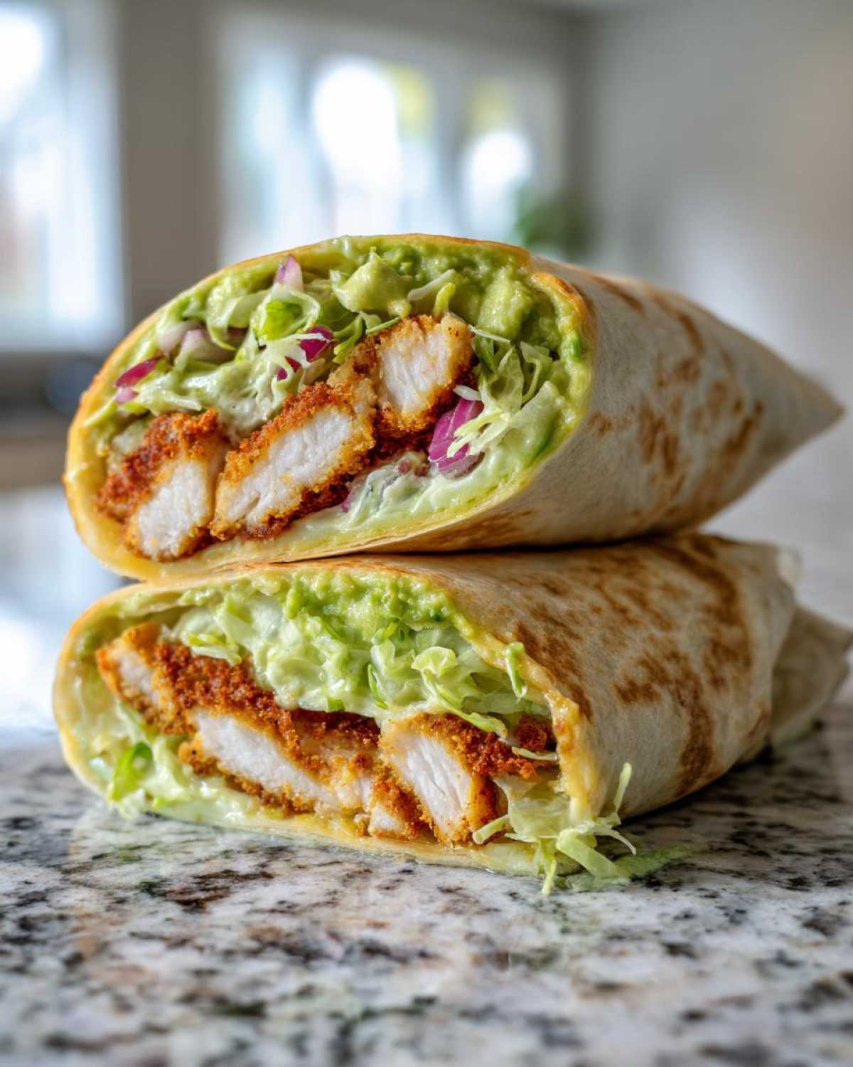 Two halves of a Crispy Chicken Wrap with Creamy Avocado Sauce stacked, showing crispy chicken, lettuce, and red onion.