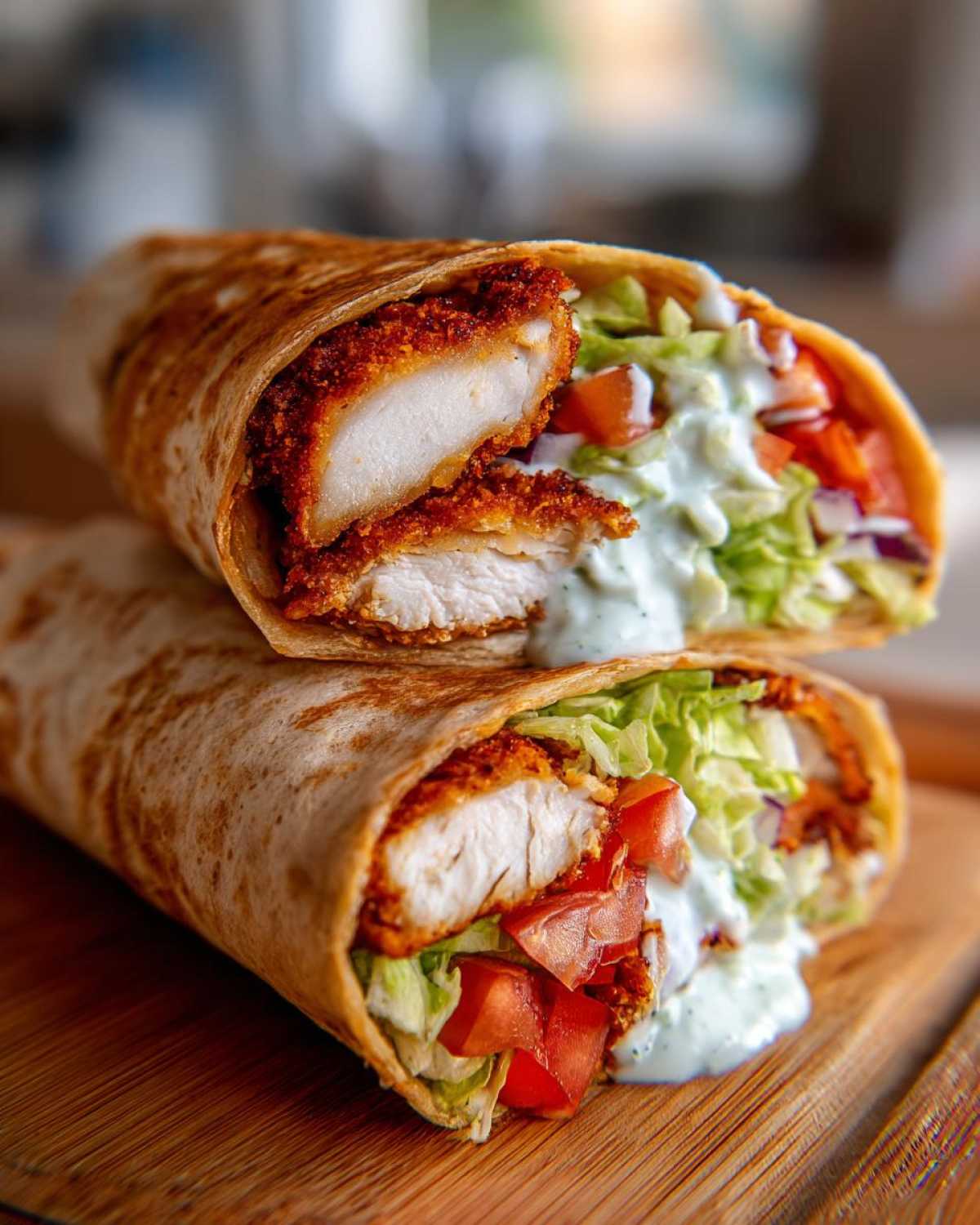 Two halves of a Crispy Chicken Wrap with Creamy Garlic Sauce stacked, showing crispy chicken, lettuce, tomato, and sauce.