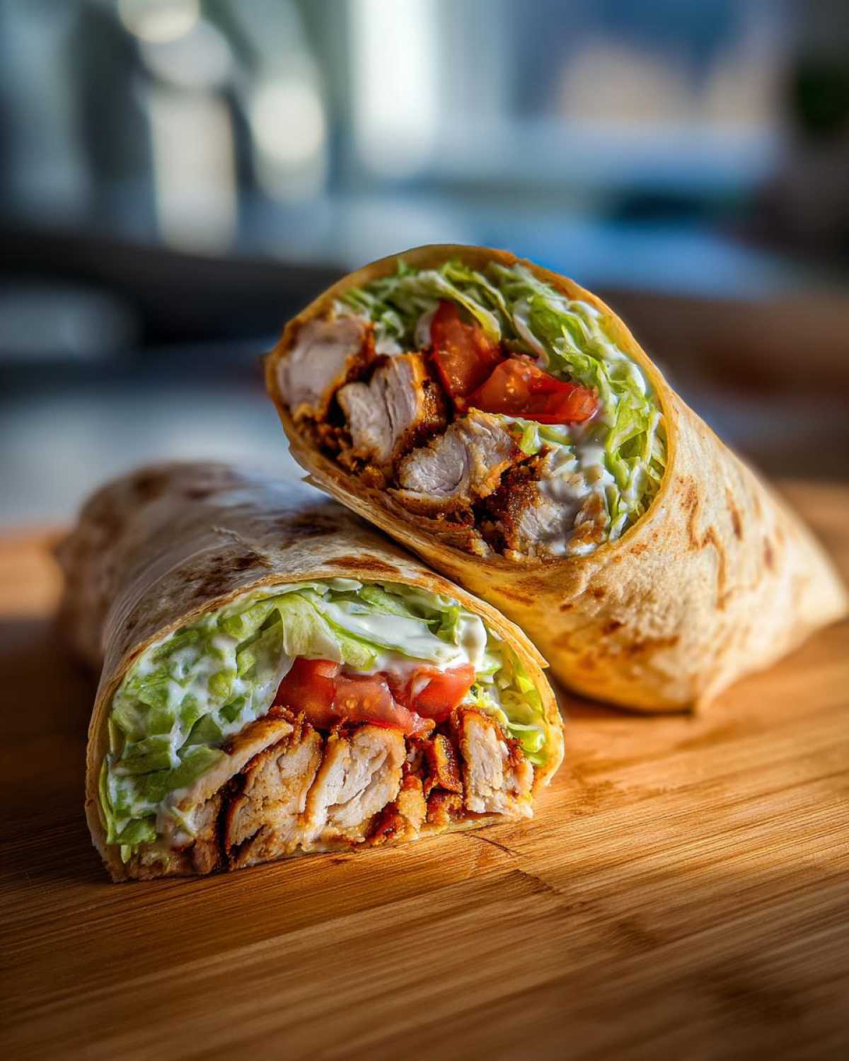 Two halves of a Crispy Chicken Wrap with Creamy Garlic Sauce, showing crispy chicken, lettuce, tomato, and sauce inside a tortilla.