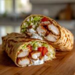 Close-up of a Crispy Chicken Wrap with Creamy Garlic Sauce cut in half, showing crispy chicken, lettuce, tomato, and sauce.