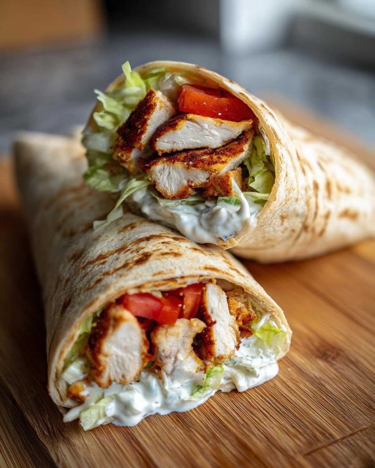 Two halves of a Crispy Chicken Wrap with Creamy Garlic Sauce, filled with lettuce, tomato, and thick sauce, resting on a wooden board.