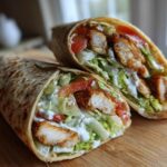 Two halves of a Crispy Chicken Wrap with Creamy Garlic Sauce showing crispy chicken, lettuce, and tomatoes inside a tortilla.