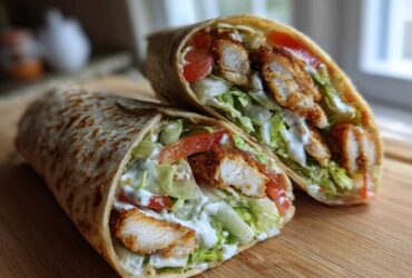 Two halves of a Crispy Chicken Wrap with Creamy Garlic Sauce showing crispy chicken, lettuce, and tomatoes inside a tortilla.