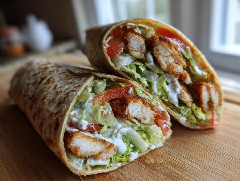 Two halves of a Crispy Chicken Wrap with Creamy Garlic Sauce showing crispy chicken, lettuce, and tomatoes inside a tortilla.