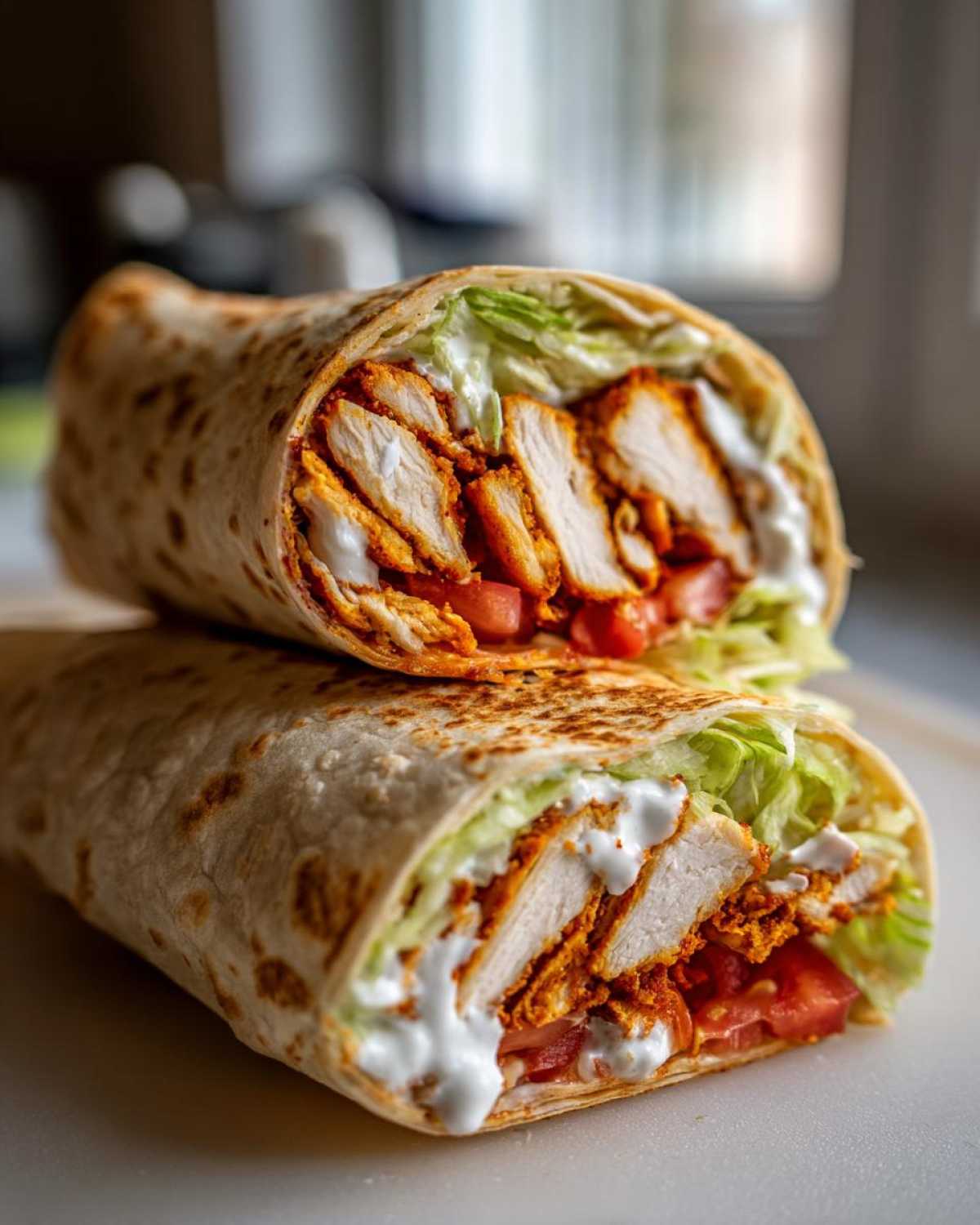 Two halves of a Crispy Chicken Wrap with Creamy Garlic Sauce stacked, showing seasoned chicken, lettuce, and sauce.